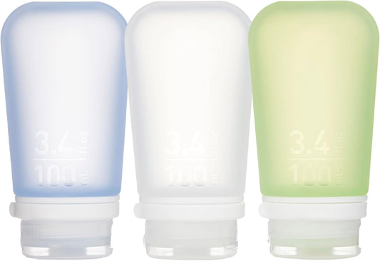 humangear GoToob+ 3-Pack (Large) | Refillable Silicone Travel Bottle | Locking Lid | Food-Safe Material, Clear/Green/Blue, Large (3.4 fl.oz.; 100ml)