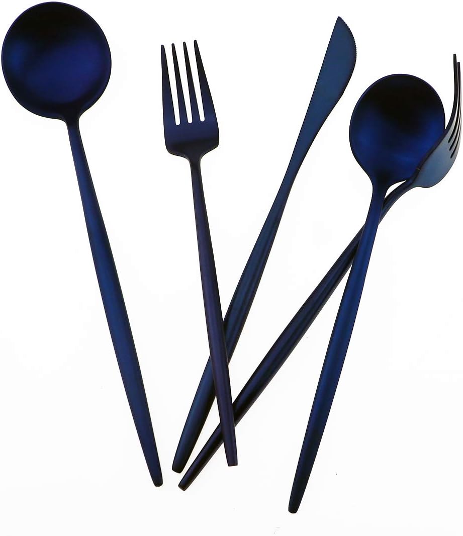 Matte Blue Gugrida 5-Piece 18/10 Stainless Steel Silverware Set, Satin Finish Flatware, Kitchen Utensils, Tableware Travel Cutlery for Camping, Office or School Lunch, Dishwasher Safe