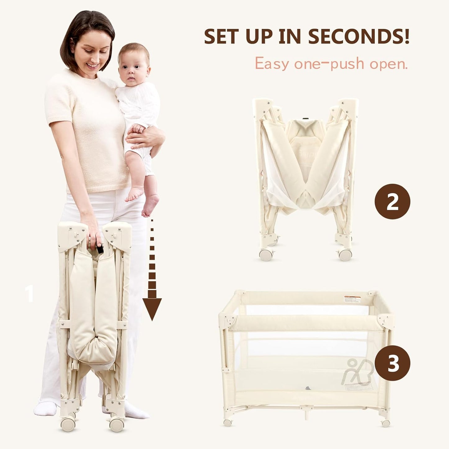 ANGELBLISS Baby Bassinet Bedside Crib, Pack and Play with Mattress, Diaper Changer, One-Push Setup Playards from Infants to Toddlers (Beige)