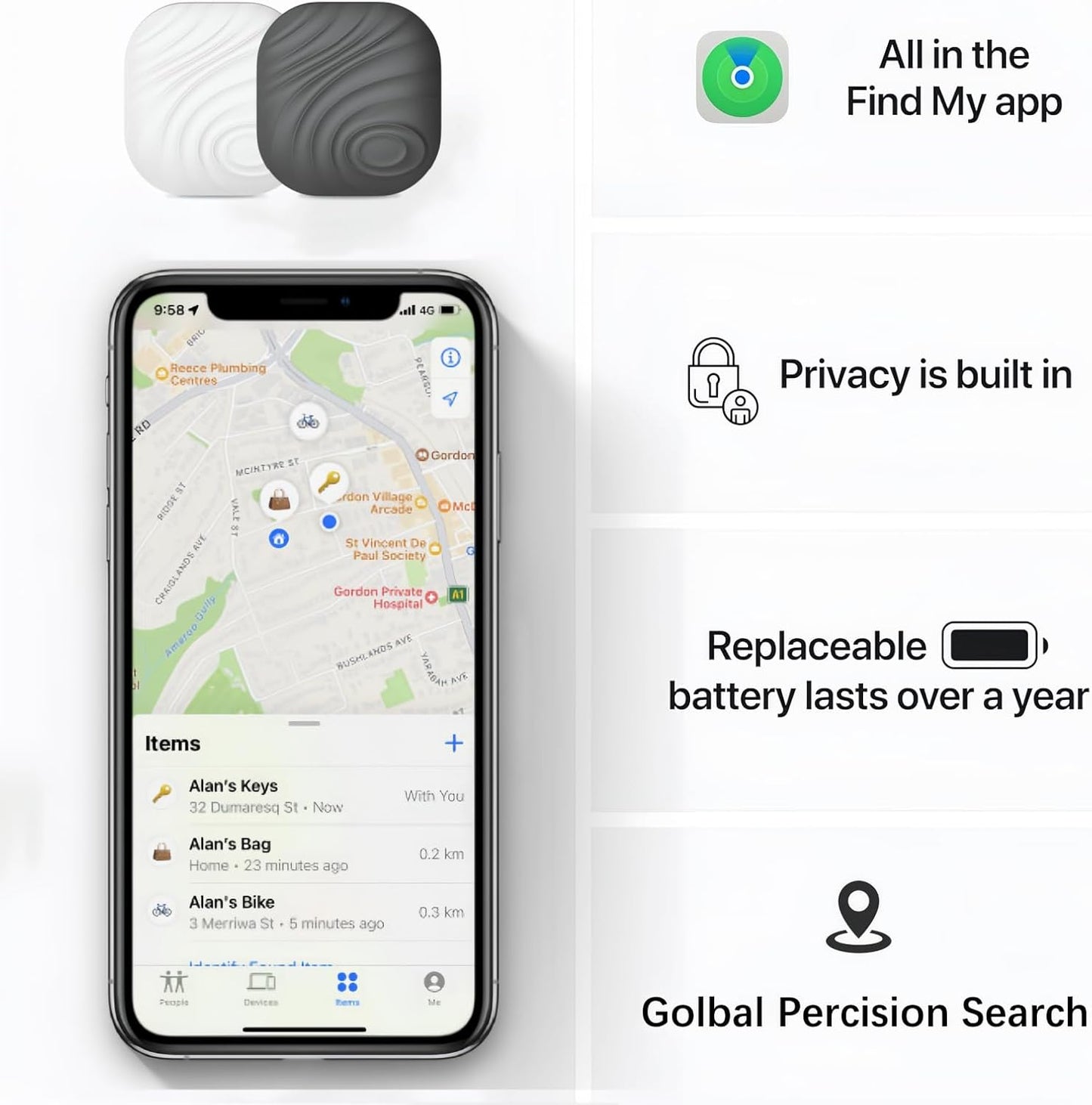 Smart Key Finder - Only iOS(Not for Android) - Bluetooth Smart Key Tracker Tag - Work for Apple Find My - Keep Track of The Items That Matter Most (2-White & 2-Coffee)
