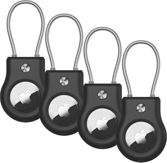 AirTag Keychain Holder - Air tag Lock Case with Wire Cable Compatible with Apple AirTags, Ultra Durable Anti-Lost Protective Case with Keyring for Luggage, Key, Backpack, Pet, Black (4 Pack)
