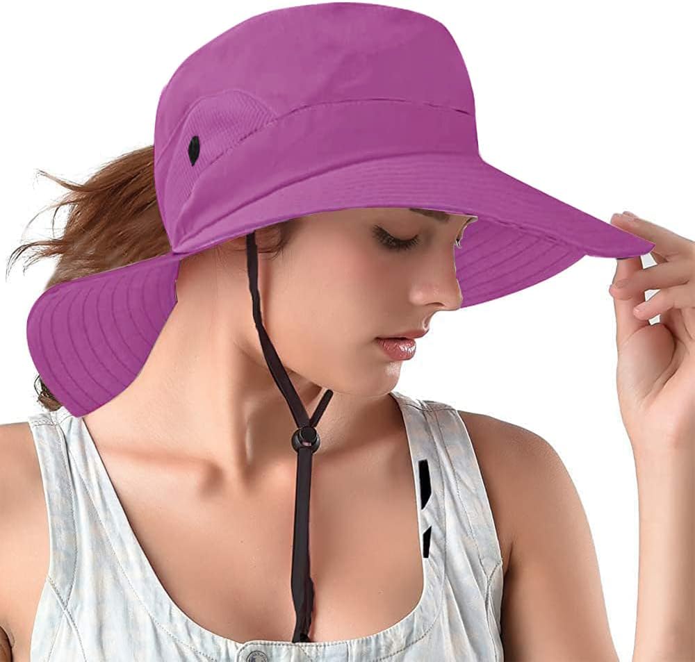 Rosoz Ponytail Sun Bucket Hats for Women UV Protection Foldable Mesh Wide Brim Hiking Beach Fishing Summer Safari