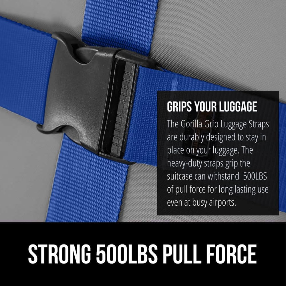 GORILLA GRIP Heavy Duty 8 Pack Adjustable Luggage Straps for Suitcases, Easy to Identify Travel Belt Connector Holds Suitcase Together, Extends Life of Bag, Strap Connects Two Bags, Accessories Blue