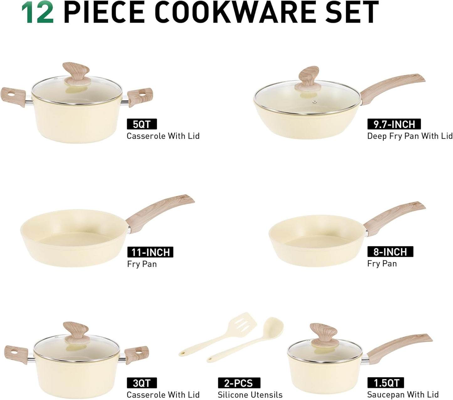 MAISON ARTS Pots and Pans Set Non Stick, Kitchen Cookware Sets Nonstick, 12 Piece Granite Cooking Pot and Pan for Induction, Stovetop, Beige