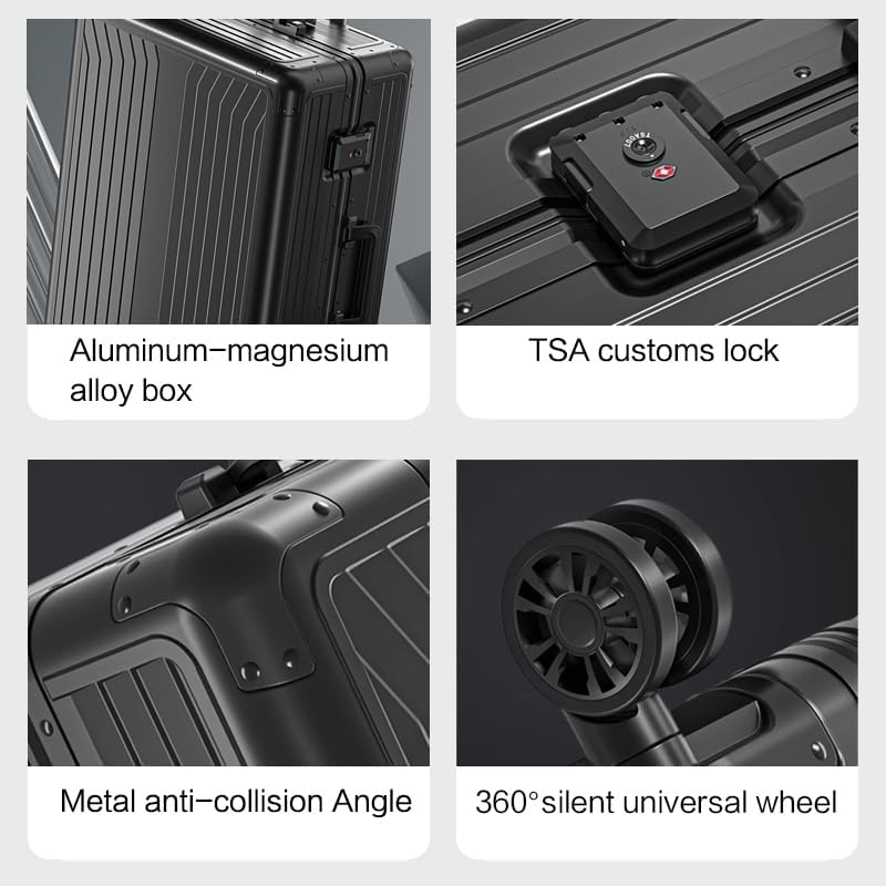 Metal all aluminum carry-on suitcase 20 "hard face, TSA lock and rotating wheel zippered luggage set (blue, 2Piece(20/28))