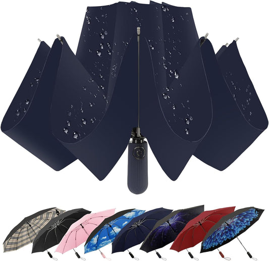 Compact Inverted Travel Umbrella, Automatic Open Close, 9-Rib 46 Inch Windproof Umbrella, Waterproof UPF 50+, Portable Umbrellas for Men, Women, Travel, and Daily Use