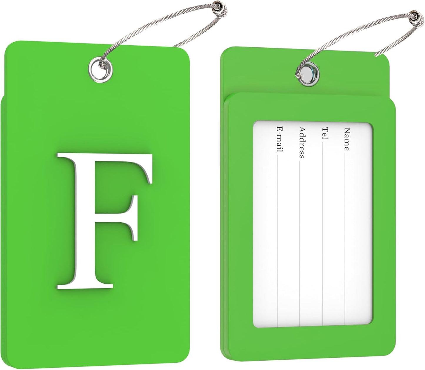 Gostwo 2 Pack Luggage Tags for Suitcases, 26 Initial Letter Travel Luggage Baggage Identification Labels ID Tag Fully Bendable Tags with Stainless Steel Loop (Green) (Letter F)