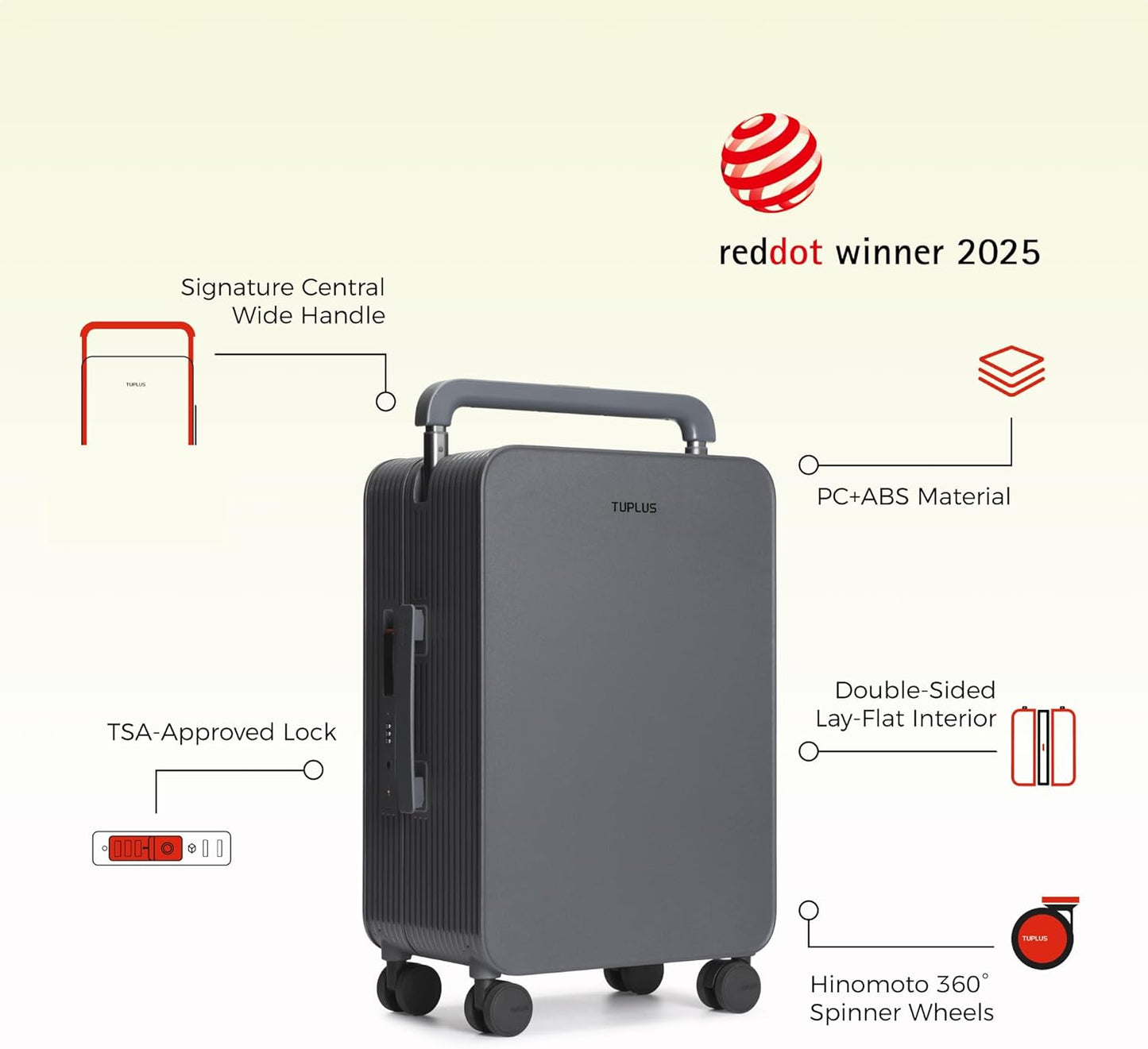 TUPLUS 20” Carry-On Hardside Luggage Lightweight ABS Travel Suitcase with Wide Handle Spinner Wheels TSA Combination Lock, Balance Series 2.0, Stone Grey