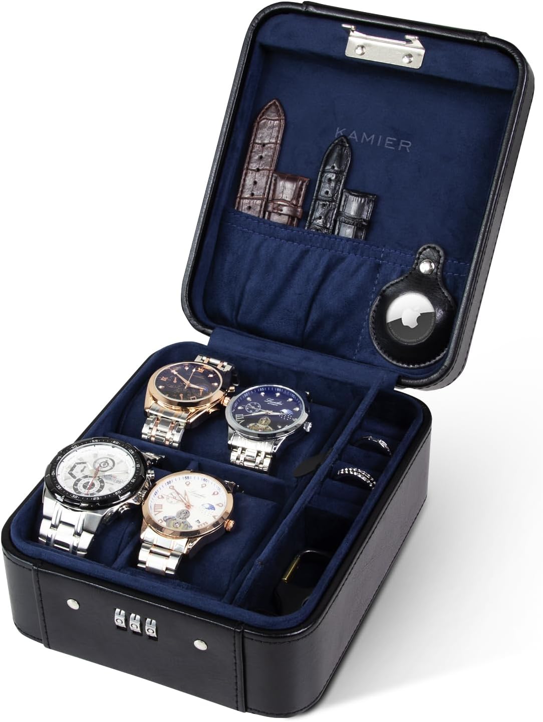 KAMIER Watch Case with Combination Lock - 4 Watch Storage and Jewelry Organizer - Watch Travel Case for Ring and Watch Storage, PU Leather Travel Watch Case, Ideal for Gift (With Gift Box),Black