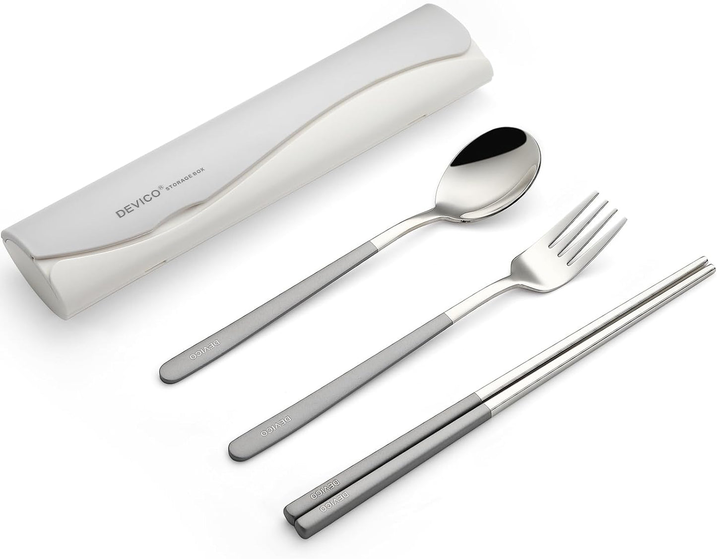 DEVICO Portable Travel Utensils with Case, Reusable Camping Silverware for Lunch, 18/8 Stainless Steel Cutlery Set (Gray)