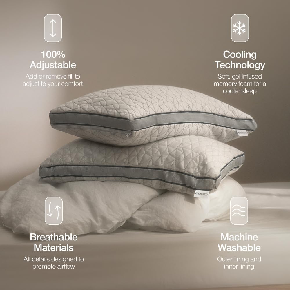 Coop Home Goods Eden Cool Adjustable Pillow, King Size - Adjustable Memory Foam with Gel Infusion - Soft Breathable Lulltra Fabric - Ideal for All Sleepers - Eco-Friendly CertiPUR-US Certified