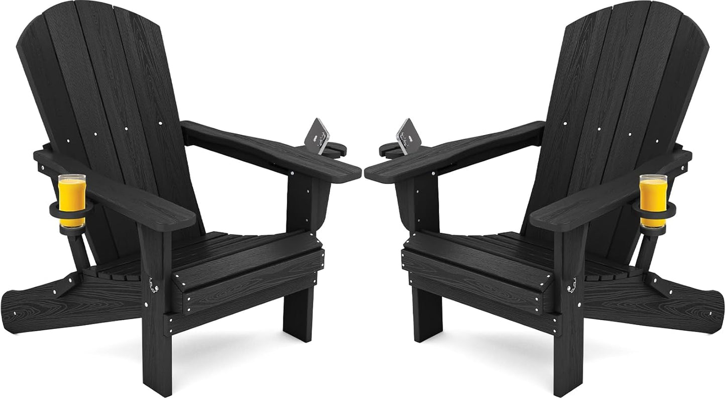 SERWALL HDPE Folding Adirondack Chair with Dual Cup Holder - Composite Adirondack Chair Set of 2- Black