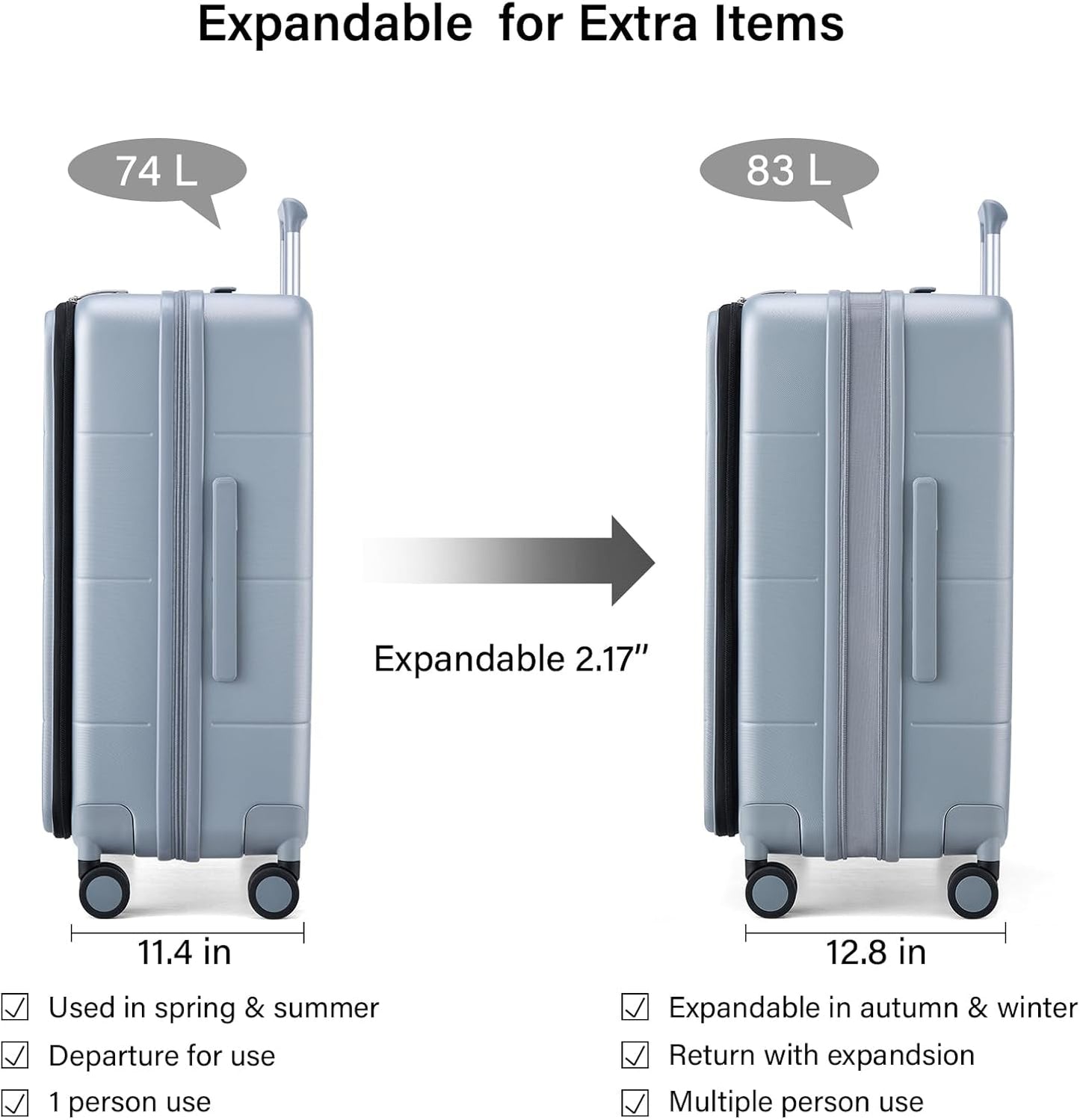Hanke Hardside Expandable Checked Luggage, 24 Inch Top Opening Trunk Luggages with Spinner Wheels, All-PC Hard Shell Suitcase, Lightweight TSA Checked-Medium(Grey, 83L)
