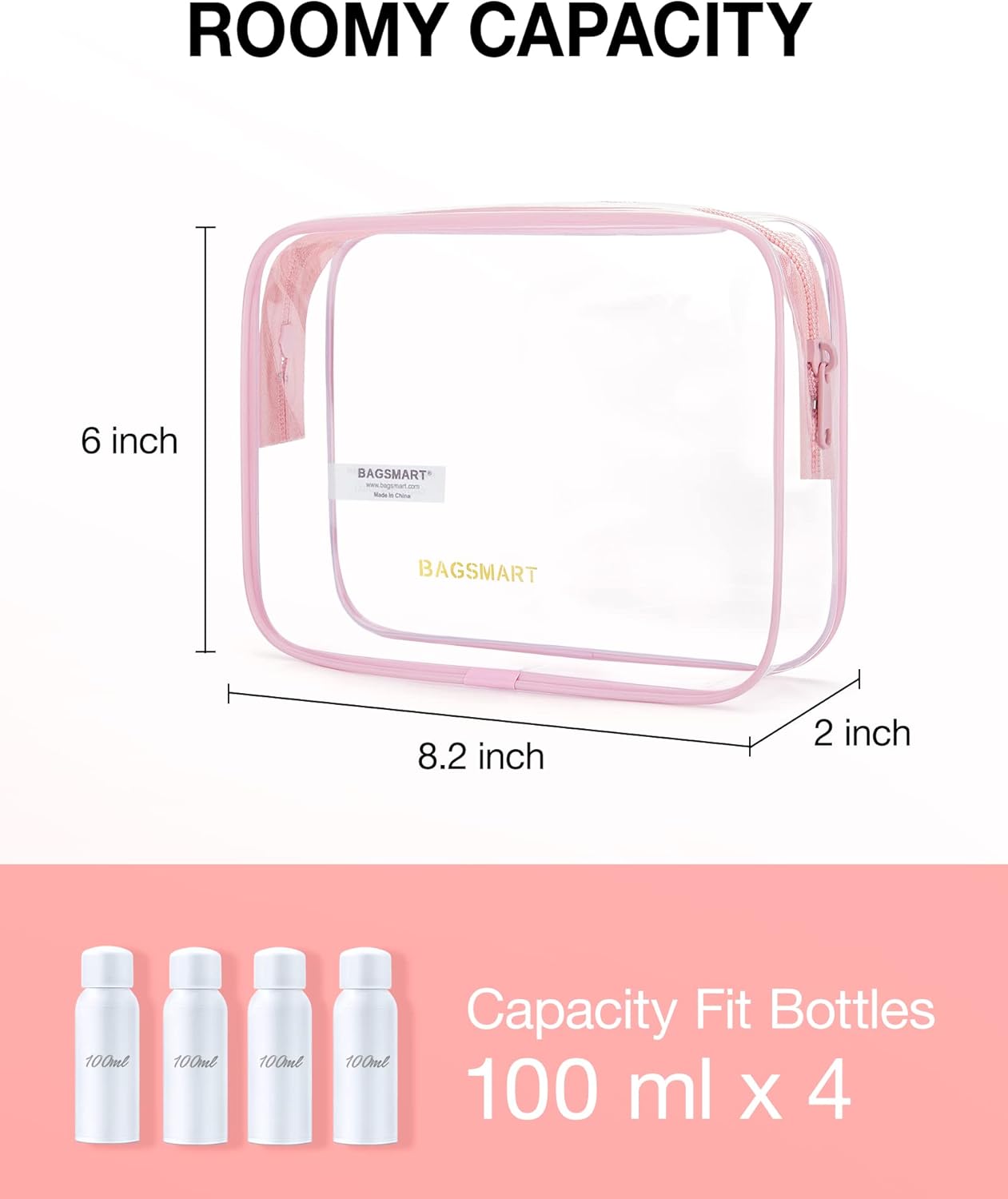 BAGSMART Clear Toiletry Bag, 2 Pack TSA Approved Carry on Travel Accessories Bag Airport Airline Quart Size Bags Water Repellent Makeup Cosmetic Bag for Women (Pink-2pcs)