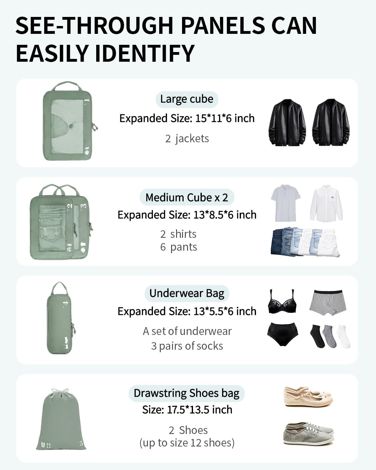 ECOHUB 5 Set Compression Packing Cubes for Suitcases Organiser Bags Set Travel Essentials with Shoe Bags for Travel Tear-resistant Travel Accessories with ID Tag Expandable Packing Bags(Green)