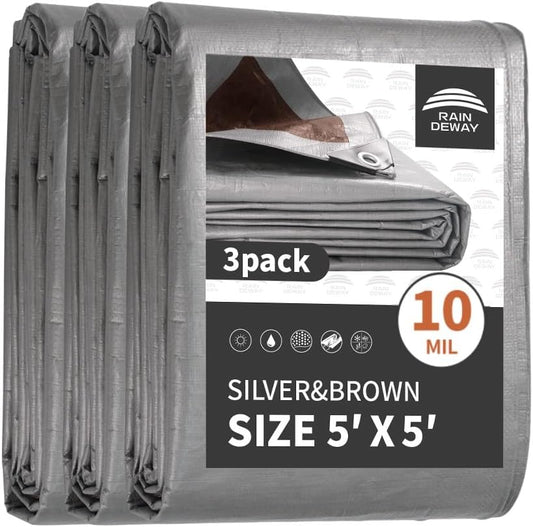 RAINDEWAY Small Tarps Heavy Duty Waterproof 5x5 Feet (3 Pack), 10Mil Multipurpose Poly Tarp Cover with Metal Grommets and Reinforced Edges, Silver/Brown Tarp