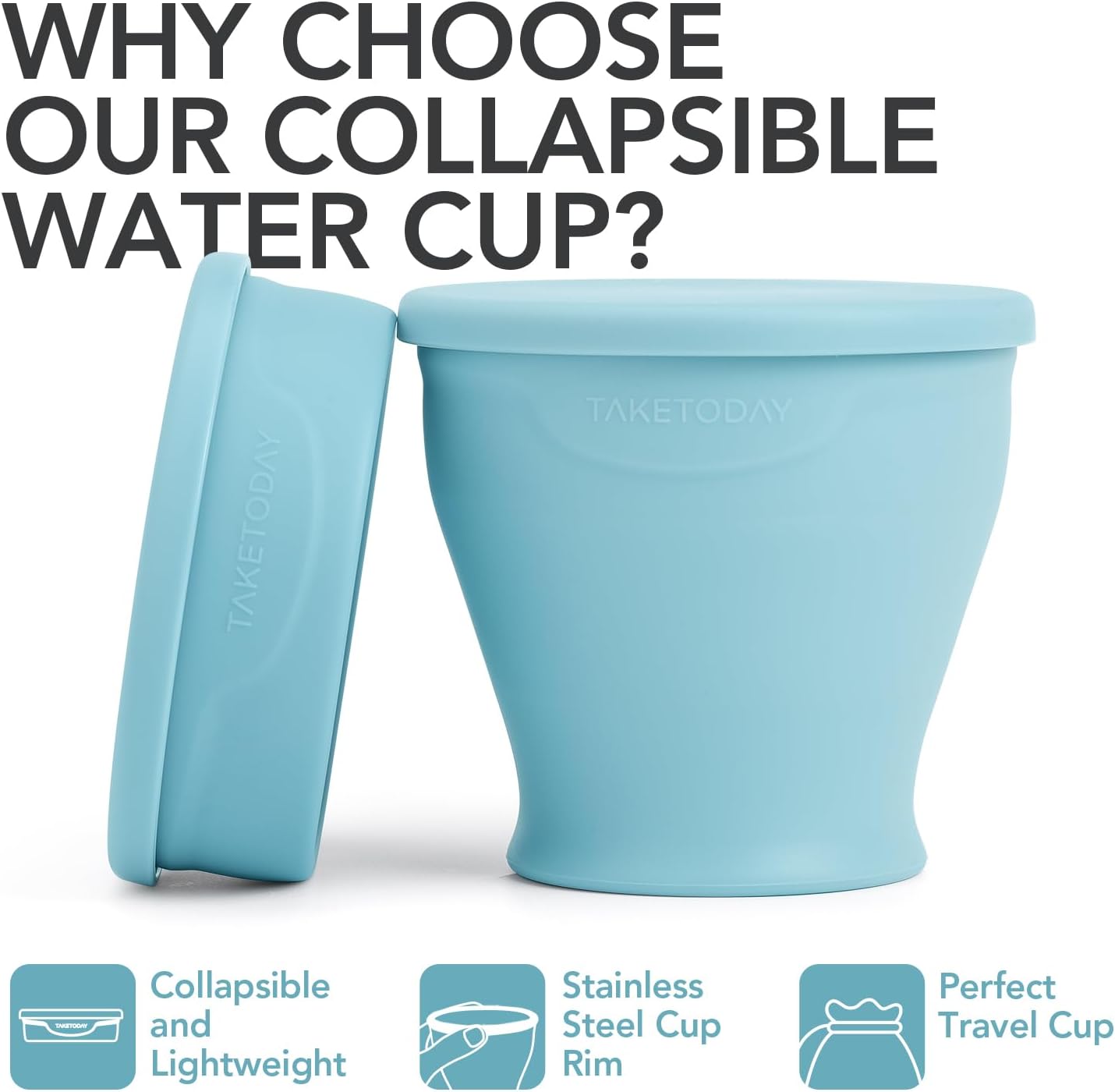 TakeToday Collapsible Travel Cup - Silicone Foldable Water Cup, BPA-Free with Lid & Waterproof Bag - Drinking Cup Set for Office, Camping & International Travel（8 Oz, Blue）