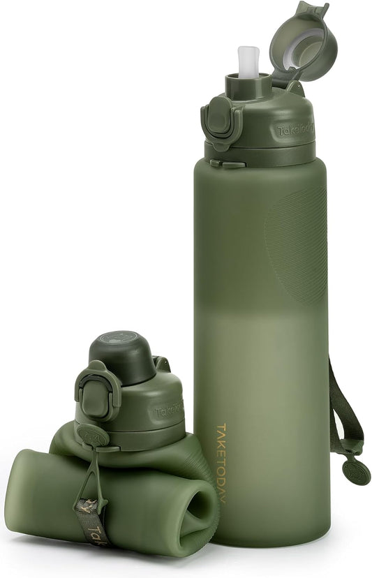 TakeToday Collapsible Water Bottles 32oz, Foldable Travel Water Bottle, BPA Free, Silicone Water Bottle Leakproof for Hiking, International Travel, Outdoors