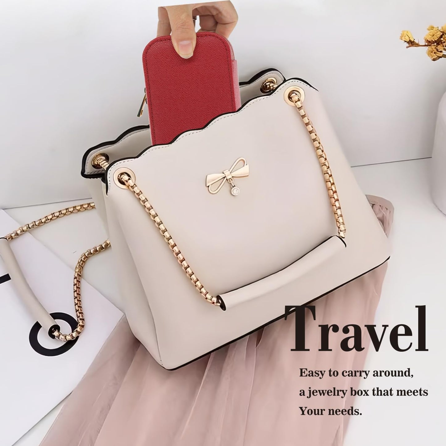 Small Jewelry Travel Case For Womens Small Rectangle PU Leather Jewelry Box With Zipper 2.56" H Portable Travel Jewelry Case For Earring Rings Necklaces Bracelets Red Jewelry Gifts Box