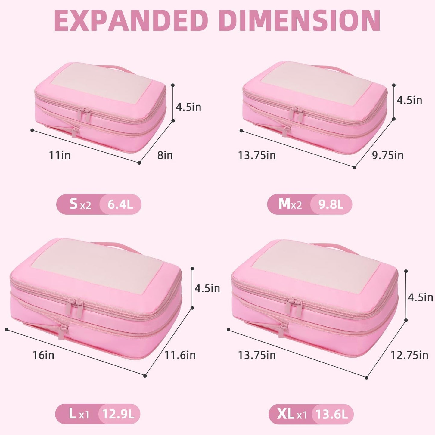 BAGAIL 4 Set/6 Set/8 Set Compression Packing Cubes Travel Accessories Expandable Packing Organizers (Square Mesh, 06-Pink)