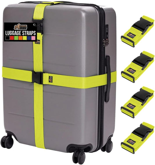 GORILLA GRIP Heavy Duty 4 Pack Adjustable Luggage Straps for Suitcases, Easy to Identify Travel Belt Connector Holds Suitcase Together, Extends Life of Bag, Strap Connects Two Bags, Accessories Yellow