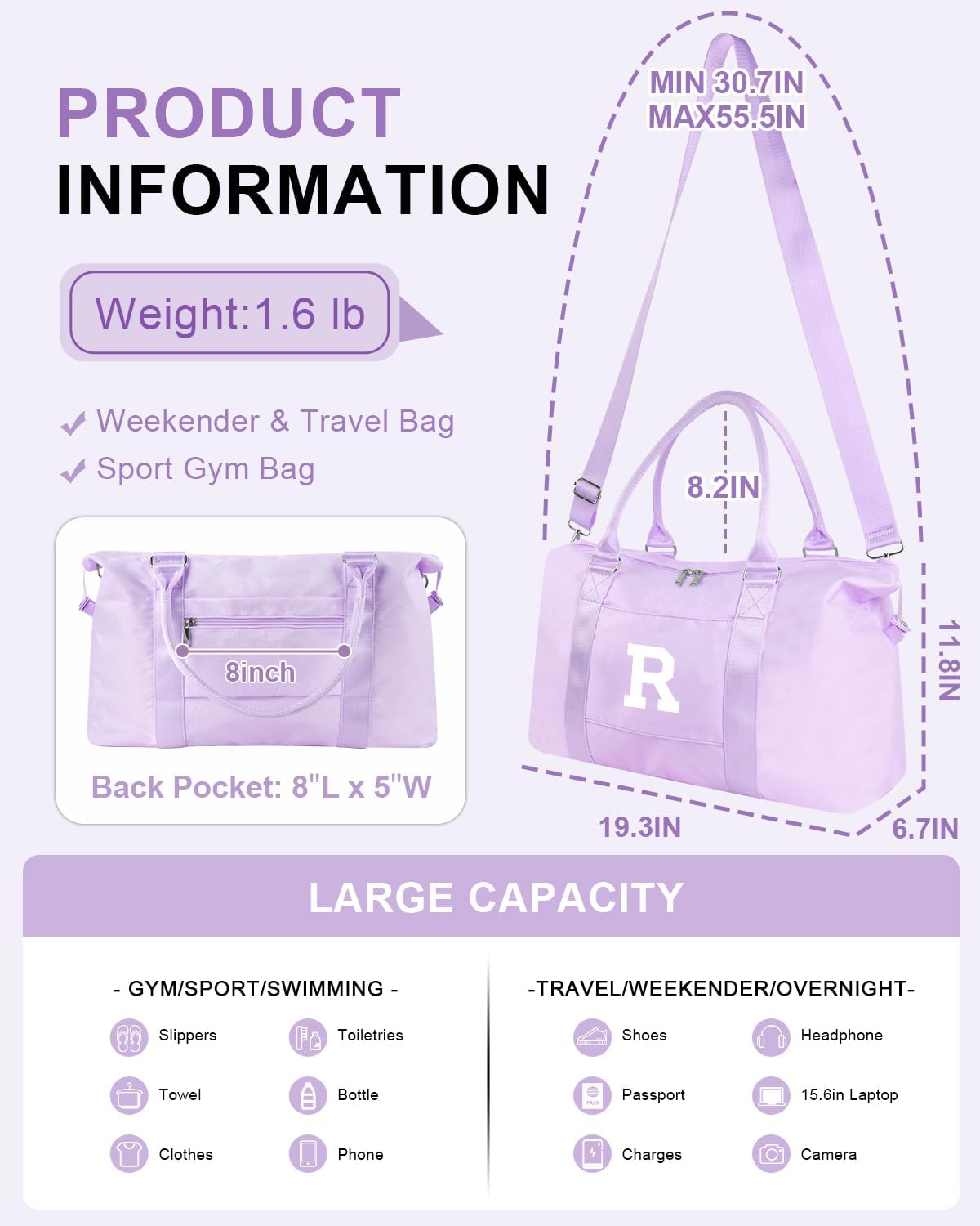 Daughter Niece Gifts for Teen Girl Kids, Initial Travel Duffel Bag Sports Gym Bag Personalized Gifts Weekender Bag，Monogram Overnight Bag Cute Dance Bag Birthday Bridesmaid Gifts for Women(Purple, R)