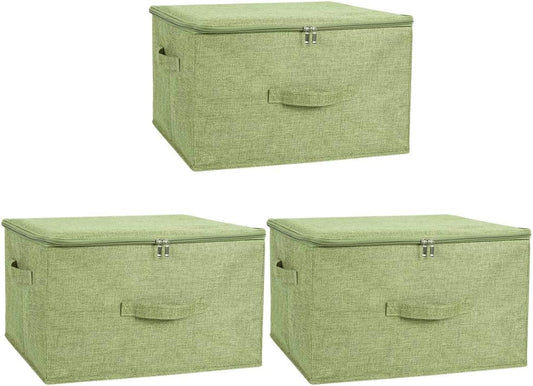 ANMINY 3PCS Storage Bins with Zipper Lids 36 Qt Lidded Fabric Storage Boxes Baskets Cubes with Handles Collapsible Washable Cotton Linen Closet Shelf Clothes Organizer Containers - Green, Large