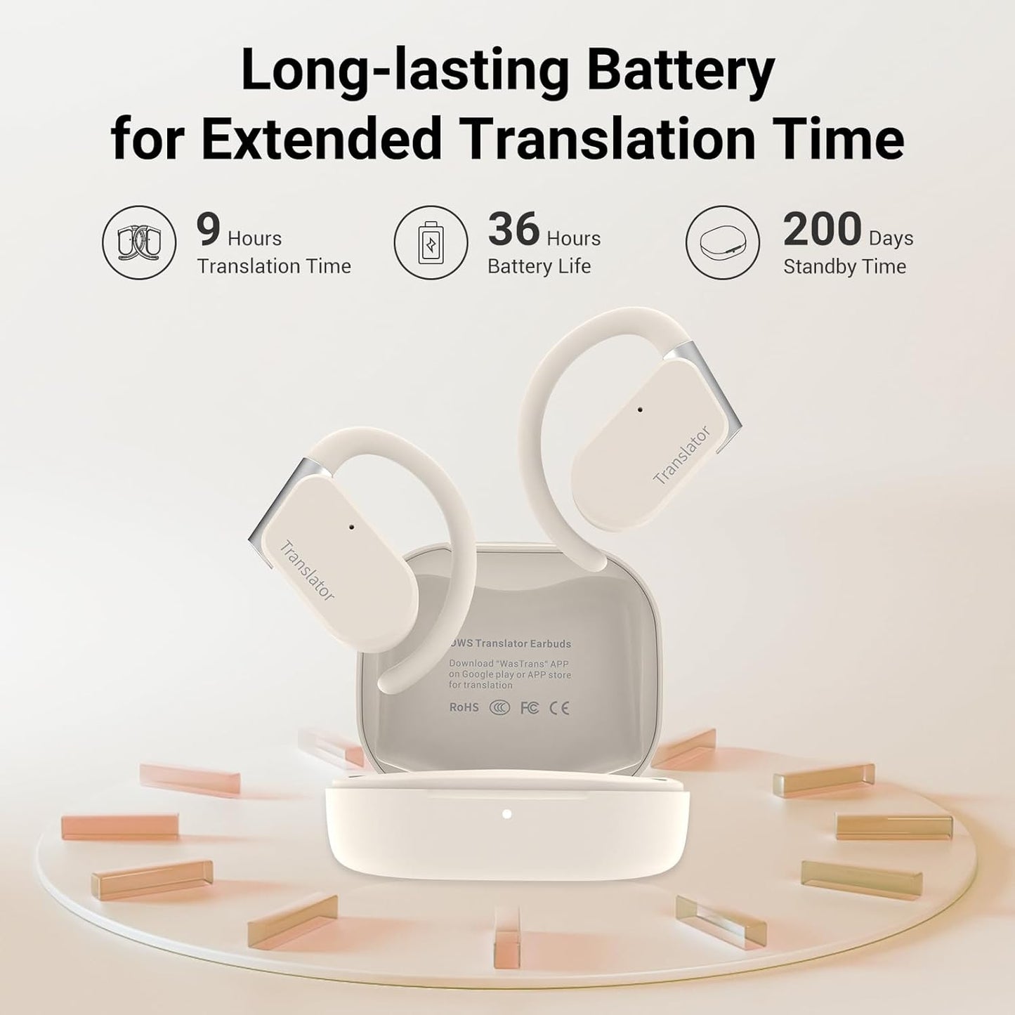M9 AI Language Translator Earbuds Open-Ear Headphones Support 144 Languages & Accents Translation Earbuds Real Time Translator Device, Snug Fit, Ergonomic Ear Hooks Beige (With Offline Package)
