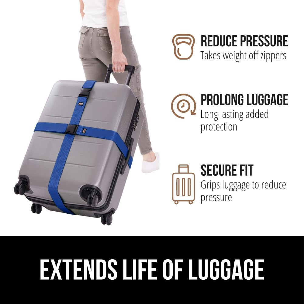 GORILLA GRIP Heavy Duty Adjustable Luggage Straps for Suitcases, Easy to Identify Travel Belt Connector Holds Suitcase Together, Extends Life of Bag, Strap Connects Two Bags, Accessories 2 Pack Blue