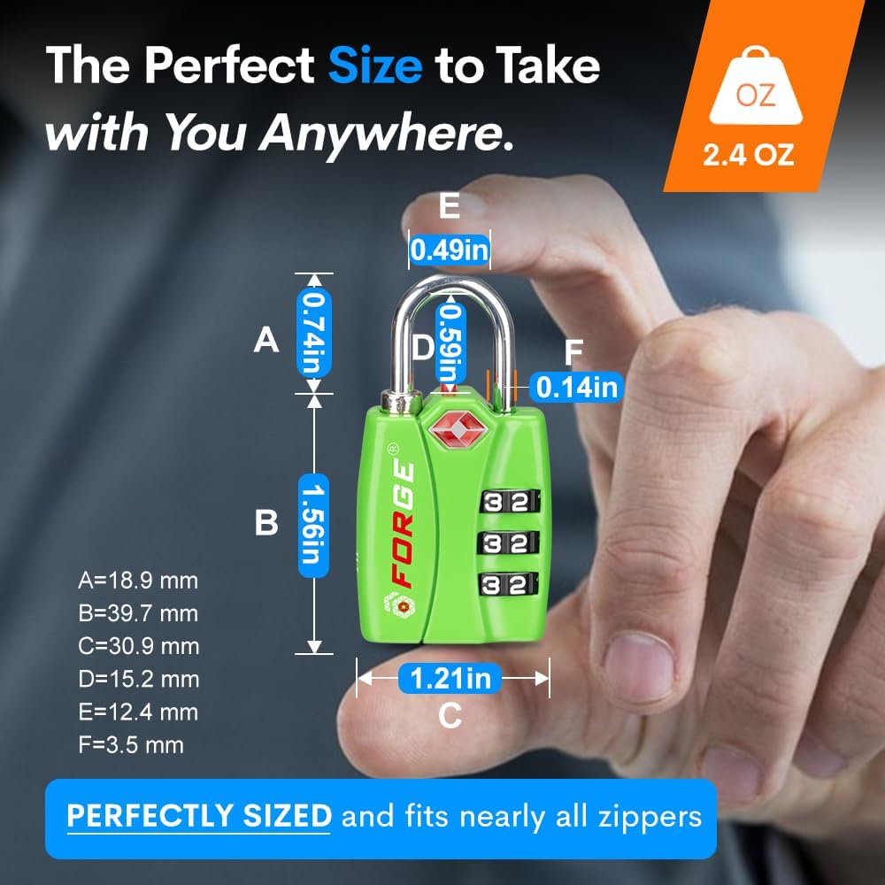 Forge TSA Luggage Combination Lock - Open Alert Indicator, Easy Read Dials, Alloy Body- Ideal for Travel, Lockers, Bags (Green 2Pk)