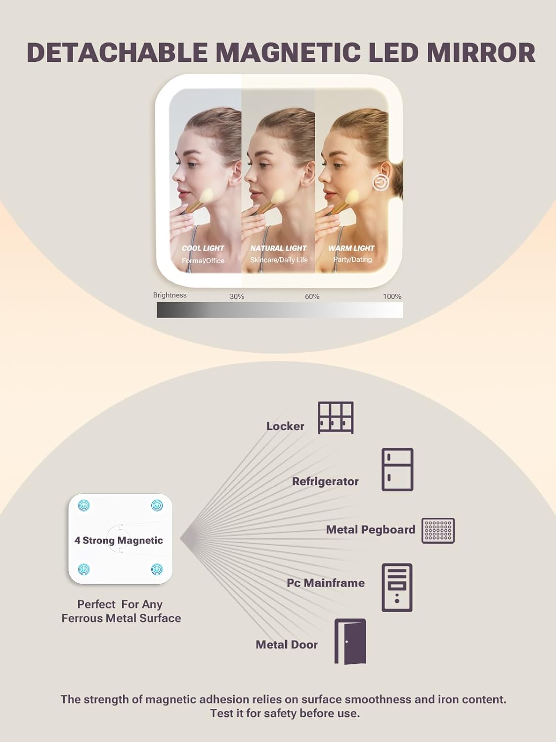 Qislee Makeup Box with A Detachable Lighted Mirror, Waterproof Travel Train Case, Cosmetic Organizer and Makeup Suitcase with Adjustable Dividers, Magnetic LED Mirror(Golden Brown)
