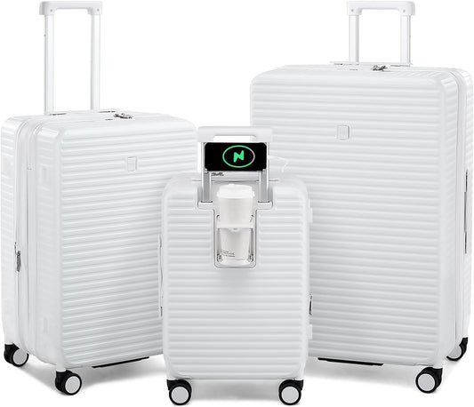 Hard Shell Suitcases Expandable Travel Luggage Sets 3 Piece, Carry on and Check in 3 Piece Luggage Suitcase Sets with Spinner Wheels Cup Holder Charger Built in (White, 20/24/28)