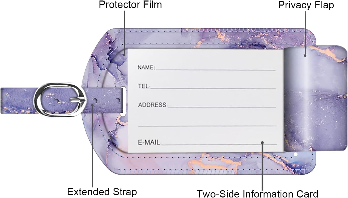 FINTIE 2 Pack Luggage Tags, Leather Name ID Labels with Privacy Cover for Travel Bag Suitcase, Theme - Lilac Marble