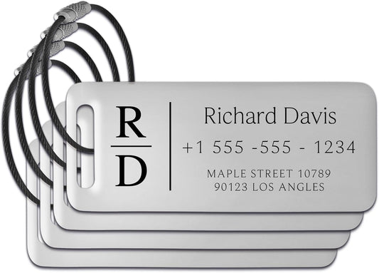 Personalized Luggage Tags for Suitcases 4 Pack - Stainless Steel Custom Luggage Tags for Backpacks & Bags, Sturdy, Waterproof & Heavy Duty (Silver / 3" x 1.25")