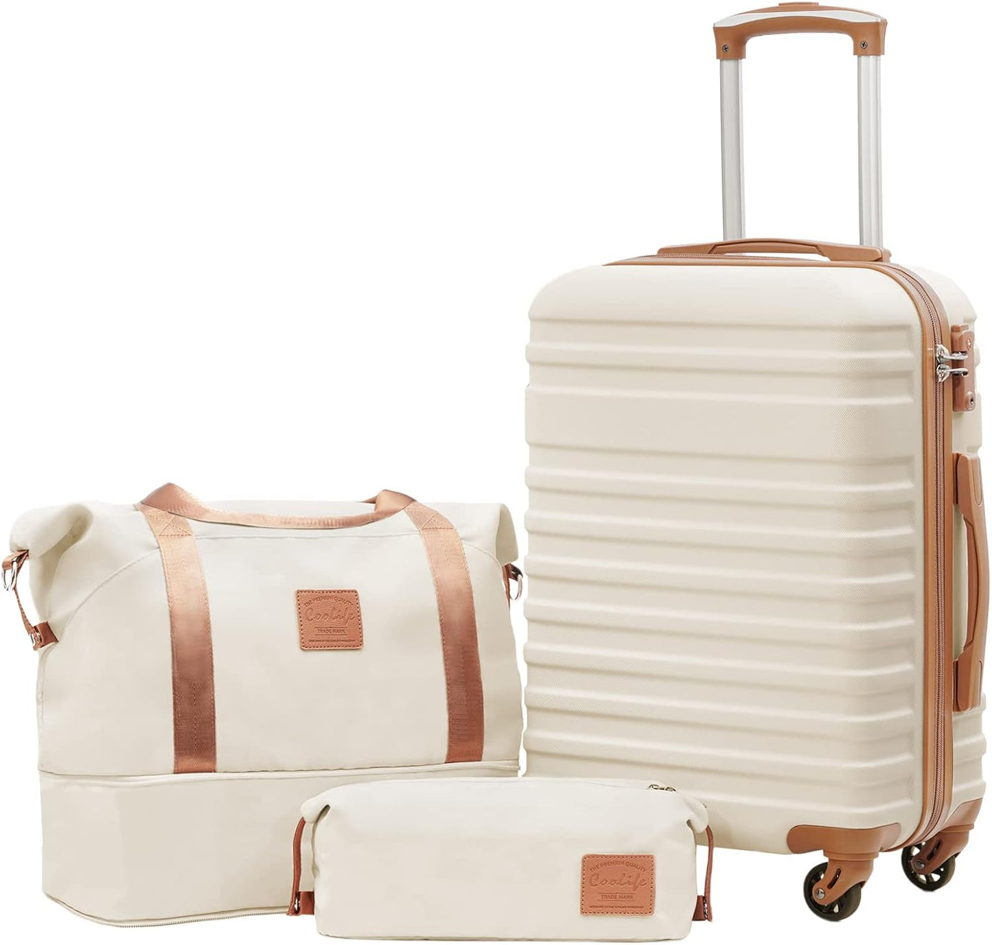 COOLIFE Luggage Carry On Luggage Suitcase Softside Wheeled Luggage Lightweight Rolling Travel Bag, White, 3 Piece Set (DB/TB/20), Luggage Set with Bags