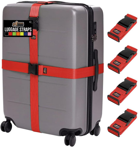 GORILLA GRIP Heavy Duty 4 Pack Adjustable Luggage Straps for Suitcases, Easy to Identify Travel Belt Connector Holds Suitcase Together, Extends Life of Bag, Strap Connects Two Bags, Accessories Red