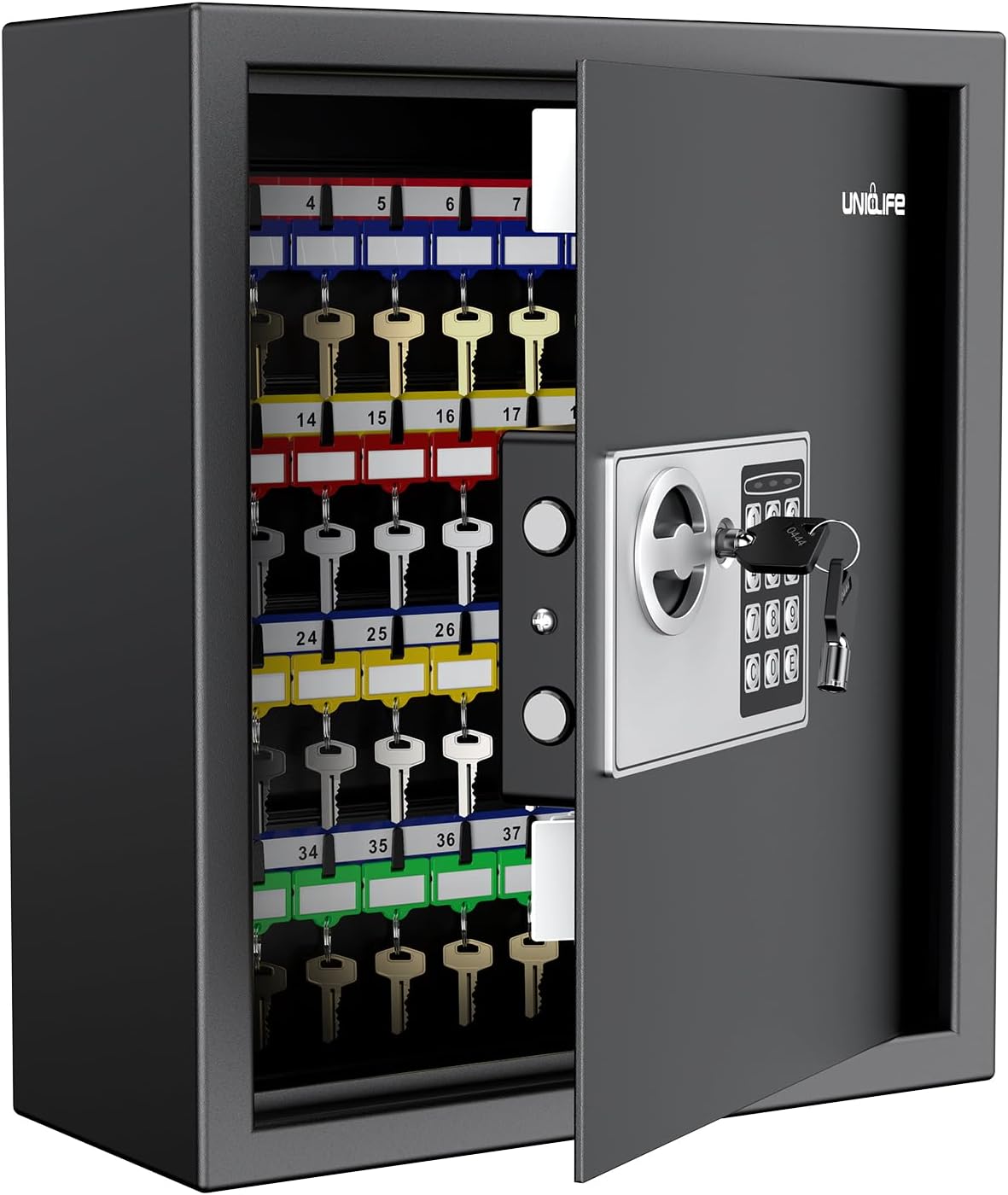 Uniclife 70 Position Key Cabinet with Combination & Key Lock Wall Mounted Security Keys Safe Key Organizer Resettable Black Digital with Keypad Lock Adjustable Racks Colorful Key Tags & Permanent Pen