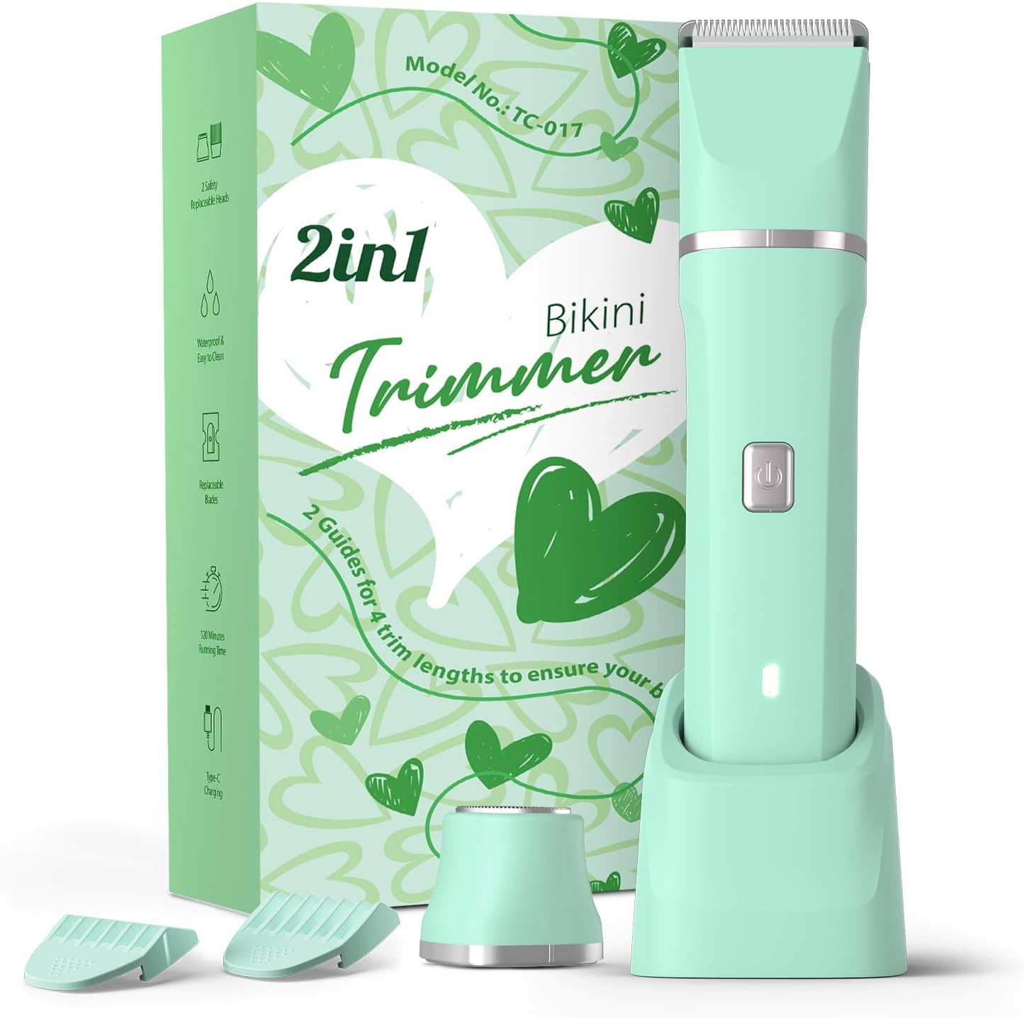 Dermave Bikini Shaver - Dusk Razor with Dual Head Electric Shaver (Body & Facial), IPX7 Waterproof Design, Painless Trimmer for Underarm/Legs/Bikini Line, Fashion Self-Care Gifts for Her (Green)