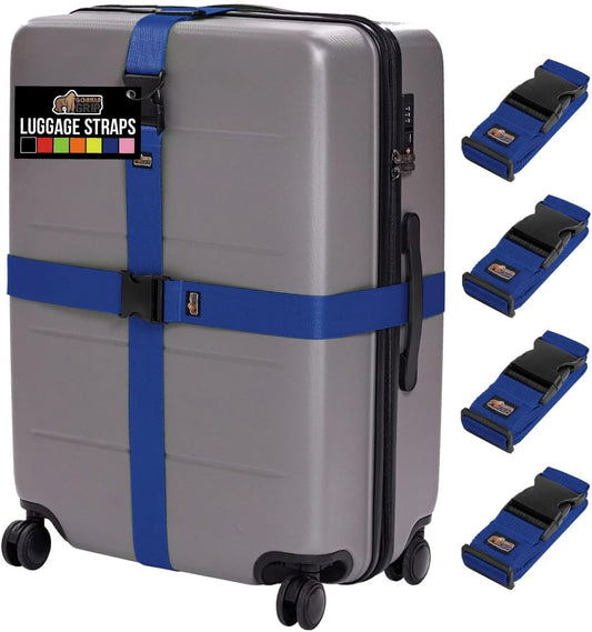 GORILLA GRIP Heavy Duty 4 Pack Adjustable Luggage Straps for Suitcases, Easy to Identify Travel Belt Connector Holds Suitcase Together, Extends Life of Bag, Strap Connects Two Bags, Accessories Blue