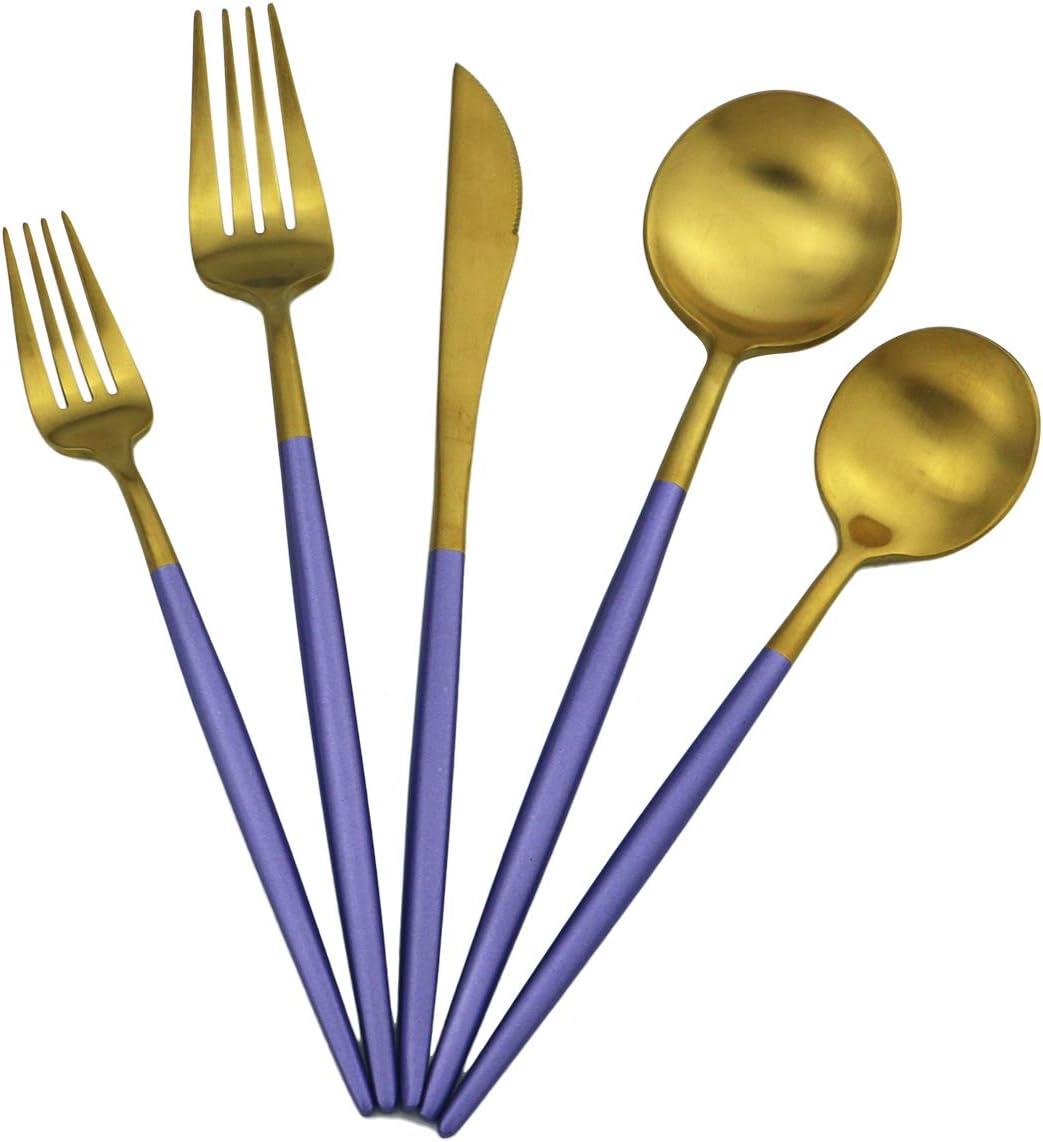 Gugrida 5-Piece Matte Gold Silverware Set, 18/10 Stainless Steel Satin Finish Flatware, Kitchen Utensil Set, Dishwasher Safe