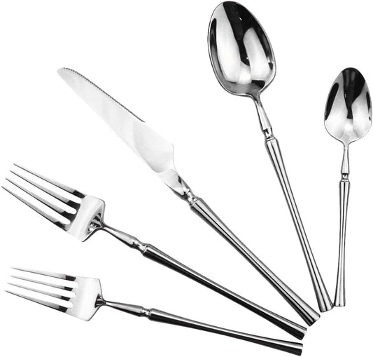 Gugrida Silver Silverware Set, 5-Piece 18/10 Stainless Steel Flatware Cutlery Set for 1,Mirror Finish, Ideal for Wedding Festival Party Home Kitchen, Dishwasher Safe