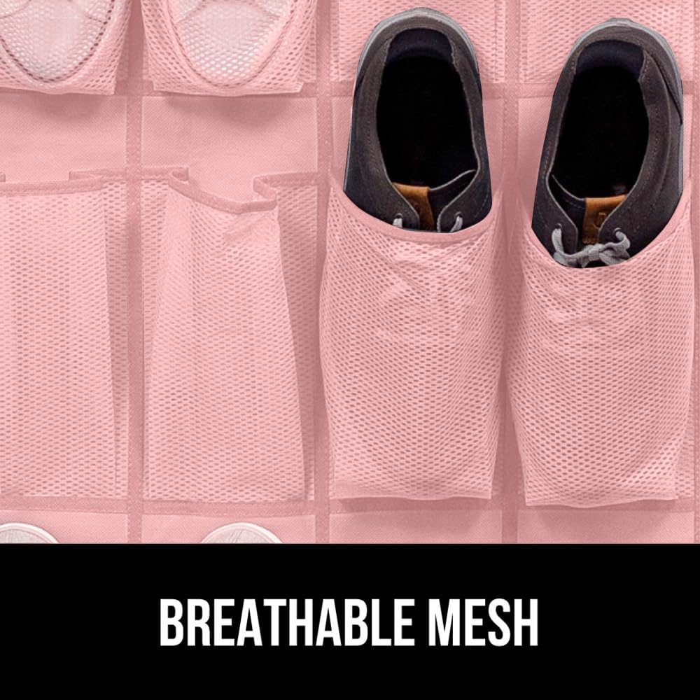 GORILLA GRIP Over the Door Shoe Organizer, 24 Large Breathable Mesh Pockets, Space Saving Hanging Storage Holder, Closet Rack Hanger Holds Up to 40 lbs, Hangs on Closets for Shoes, Accessories, Pink