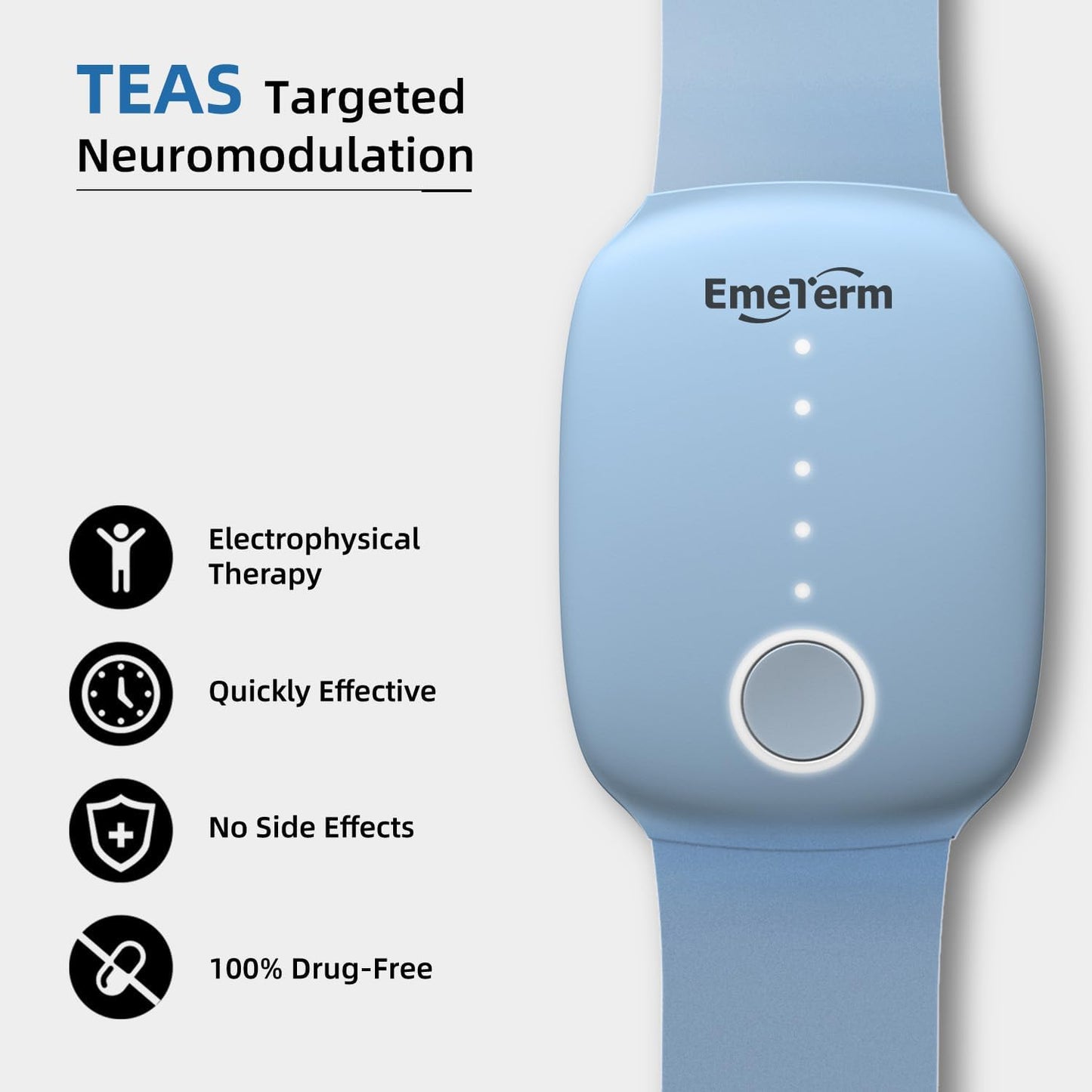 EmeTerm Fashion FDA-Cleared Relieve Nausea Electrode Stimulator Morning Sickness Motion Travel Sickness Vomit Relief Rechargeable No Gel Drug Free Wrist Bands Without Side Effects