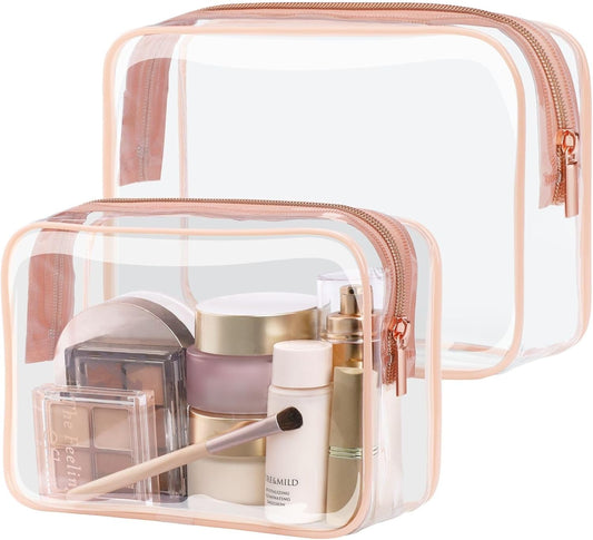 PACKISM TSA Approved Toiletry Bag - Clear Makeup Bags in 2 Size, Durable with Supporting Frame, Perfect for Travel Essentials, Carry-on Airport Airline Compliant Bag, Rose Pink