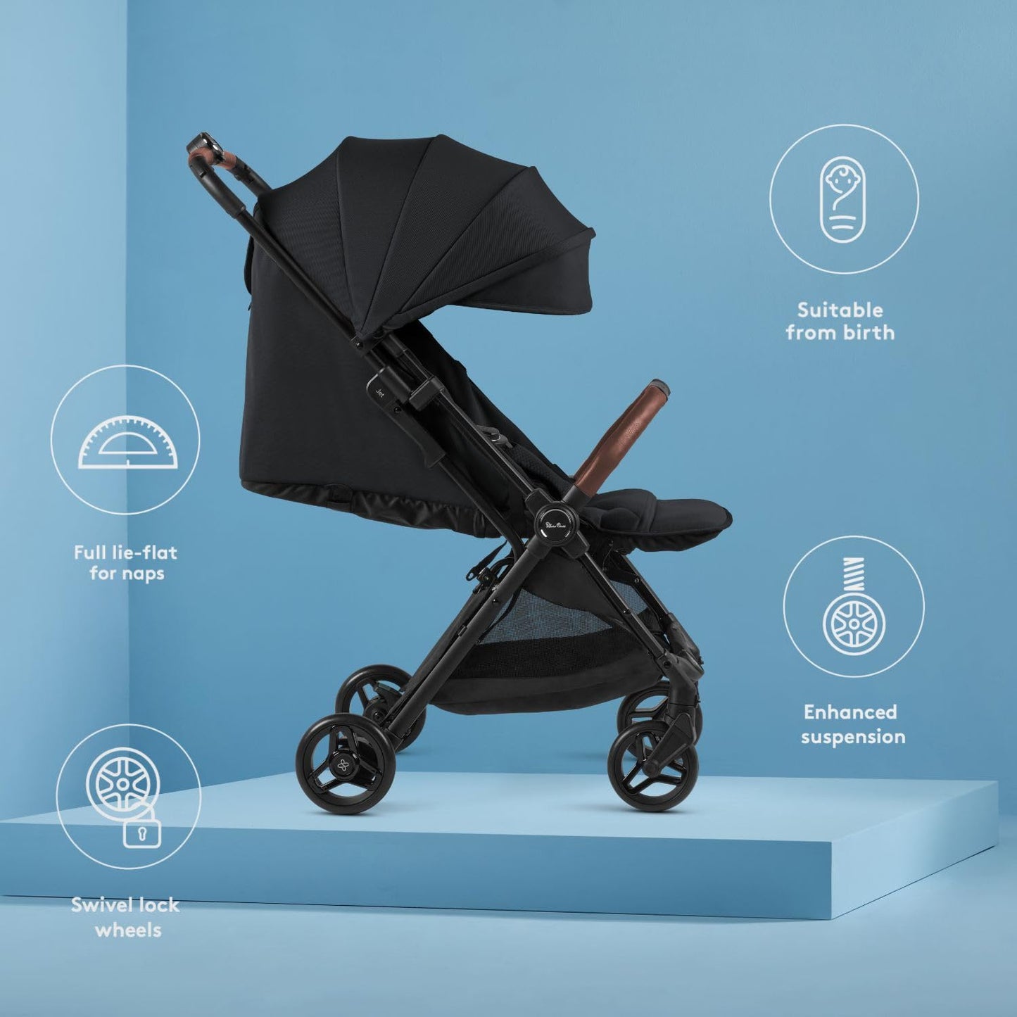 Silver Cross Jet 5 - Full Size TSA Approved Infant & Toddler Travel Stroller - Lightweight, Compact & Easy to Fold, with All-Terrain Wheels and One Hand Full Flat Recline (Space Black)
