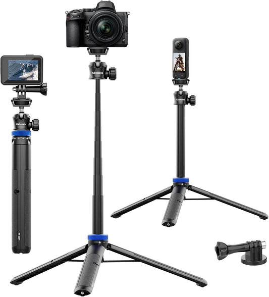Selfie Stick Tripod for Gopro Camera, 62" Extendable Tripod Stand with 360° Ball Head 1/4" Screw, Portable Lightweight Camera Tripod for GoPro Max Hero 11 10 9 8 7 6 5 DJI OSMO Action Camera