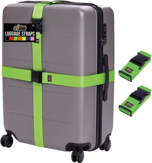 GORILLA GRIP Heavy Duty Adjustable Luggage Straps for Suitcases, Easy to Identify Travel Belt Connector Holds Suitcase Together, Holiday Travel Gift, Stocking Stuffer, Accessories, 2 Pack Green