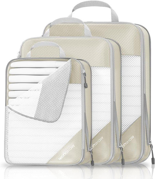 Compression Packing Cubes 3 Set, Compressible Space-Saving Packing Cubes for Travel - Compression Bags, Luggage Organizer, Travel Essentials for Women, Beige