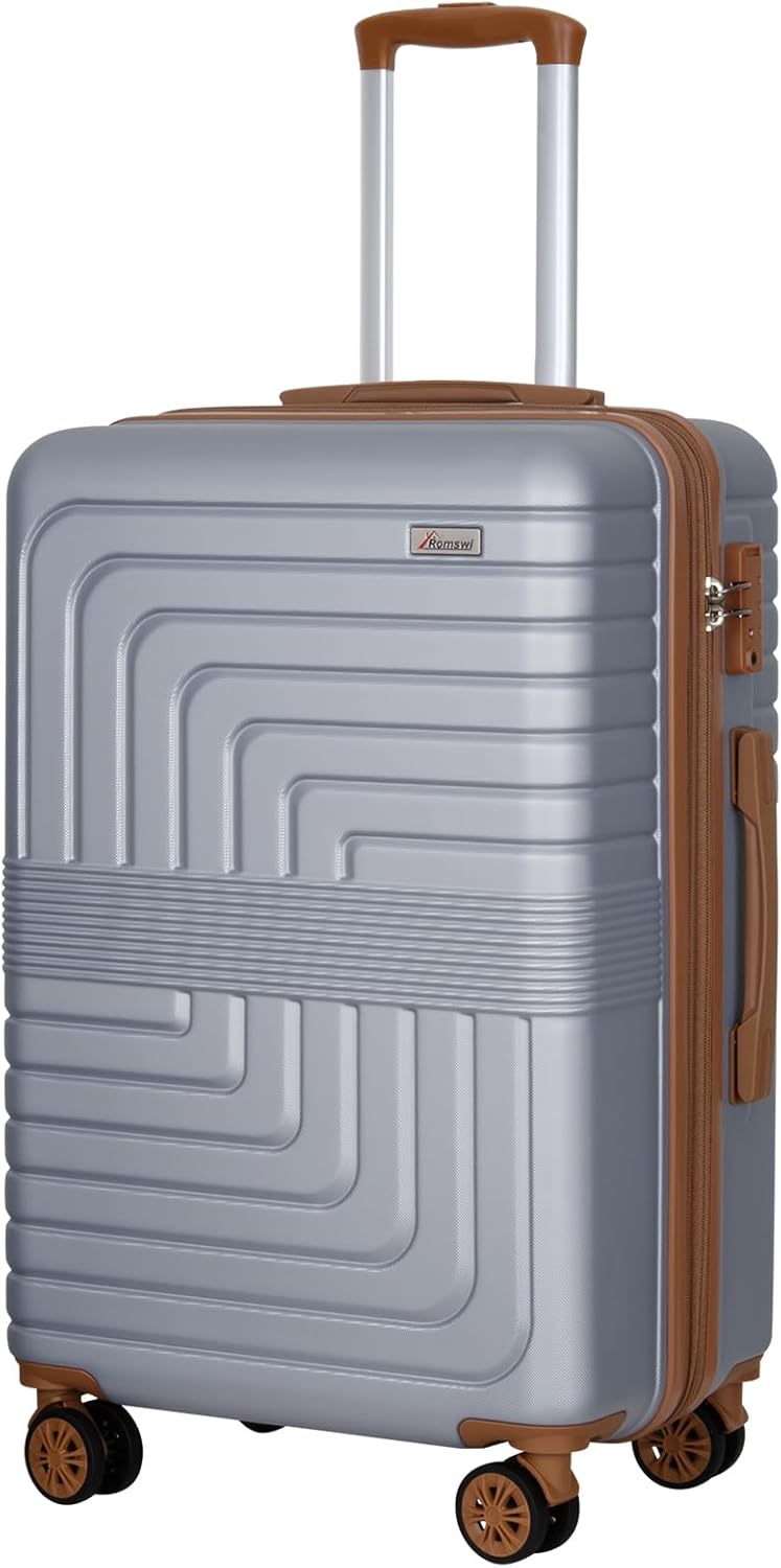 Romswi Expandable 24" Checked Luggage,Medium Hardshell Suitcase with Double Spinner Wheels for 20% More Space, Airline Approved Lightweight Hardside Luggage, Scratch-Resistant & YKK Zipper,Silver
