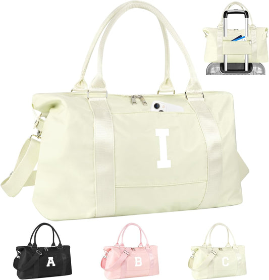 Initial Travel Duffel Bag Sports Gym Bag for Kids Teen Birthday Gifts,Beige Personalized Weekender Bag Carry On Dance Bags for Women Men,Waterproof Monogram Overnight Bag with Trolley Sleeve(Letter I)